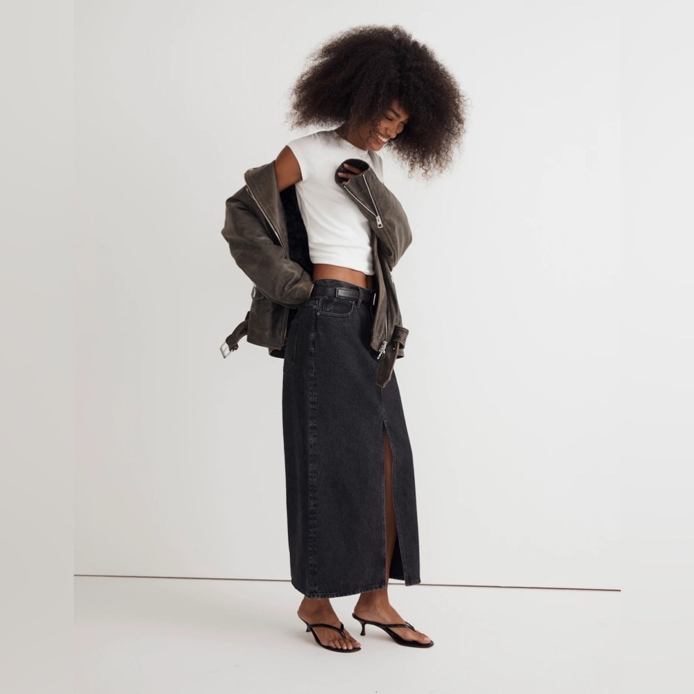 Madewell Black Midi Denim Skirt with Center Front Slit